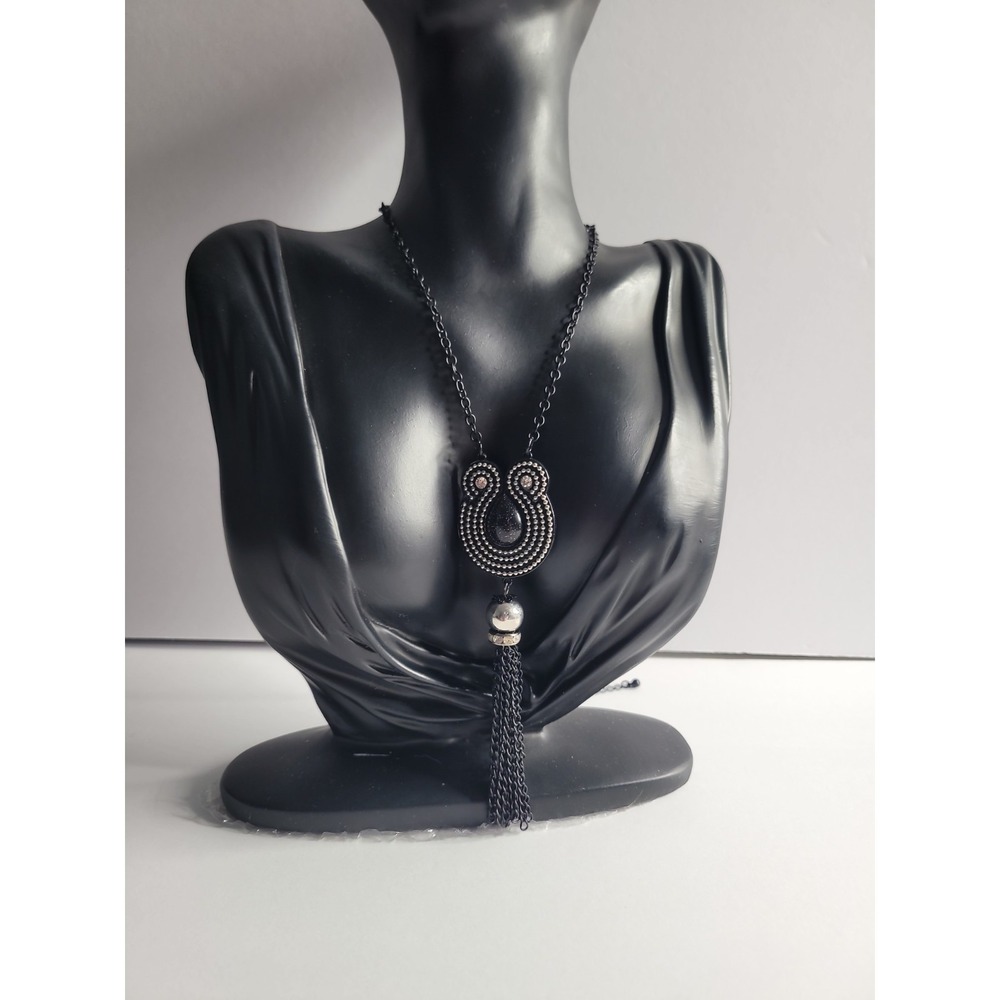 Black Tassel Pendant Necklace Gunmetal Boho Statement‎ Swirl Drop Fringe